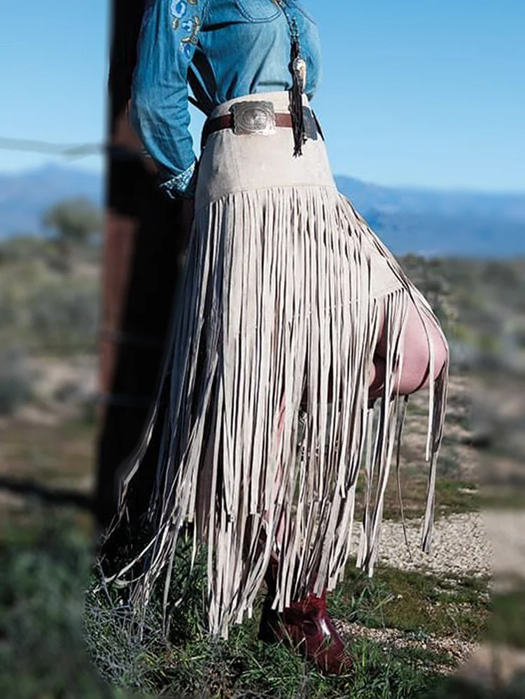 Vintage Plain High Waist Layered Fringed Midi Skirt