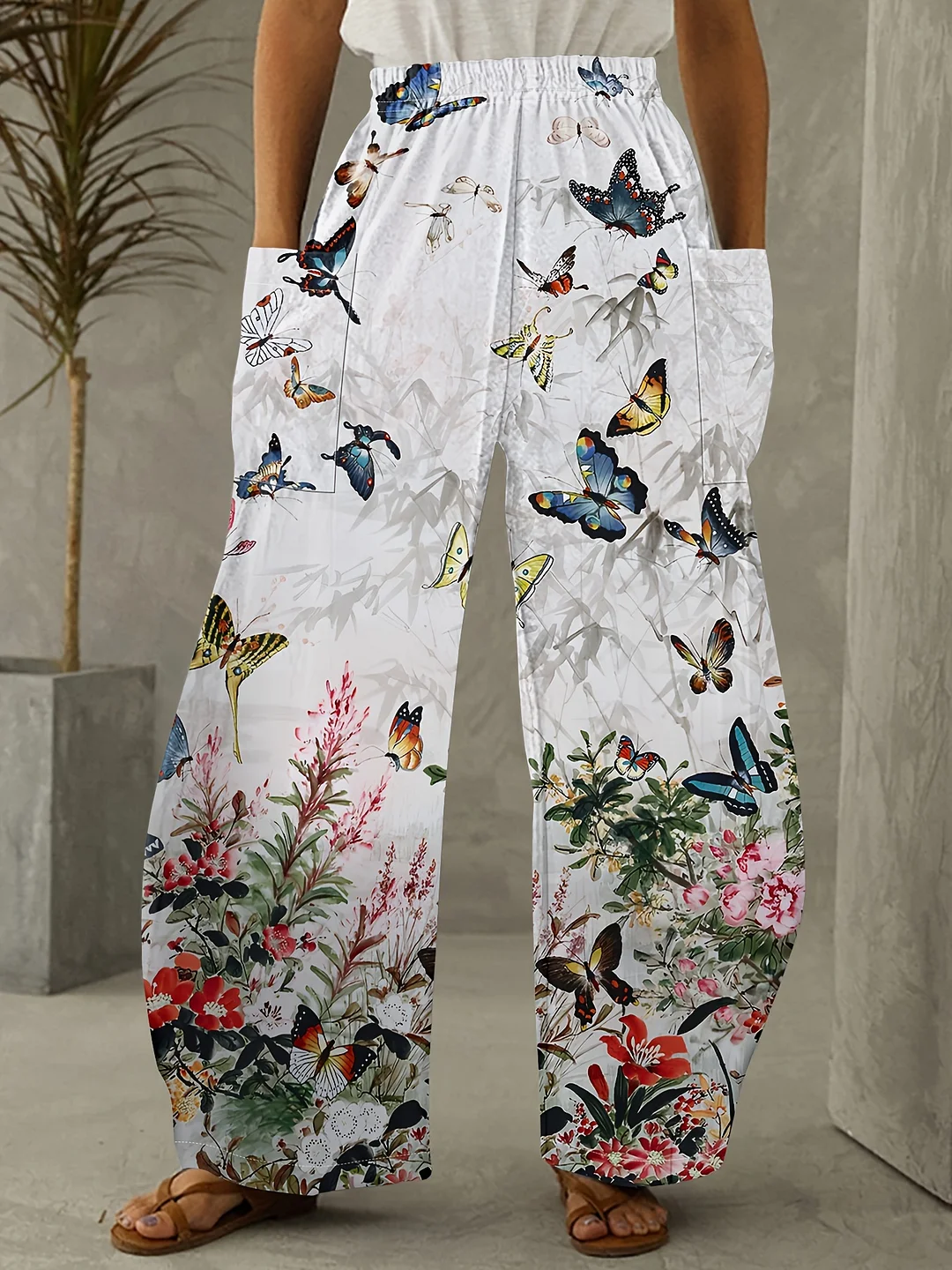 Colorful Butterfly & Floral Print Wide-Leg Pants For Women - Lightweight Polyester, Elastic Waistband, Machine Washable - Versatile All-Season Casual Wear | IFYHOME