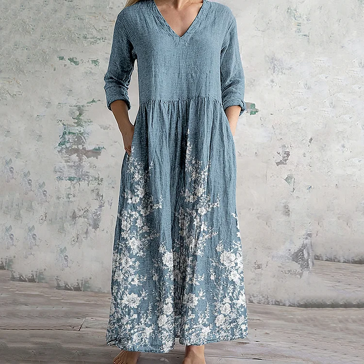 Vintage Floral Embroidered Lace Art Women's Linen Dress