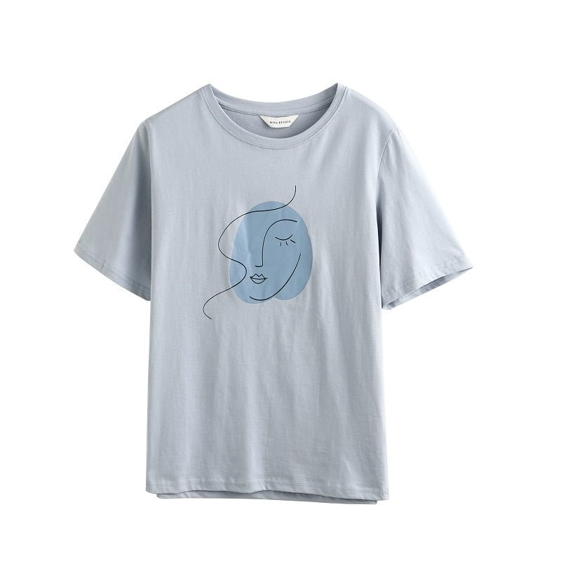 Toppies Summer T-shirts Woman Short Sleeve Tops Tee Korean Girls T-shirts Abstract Printing Chic Art Design