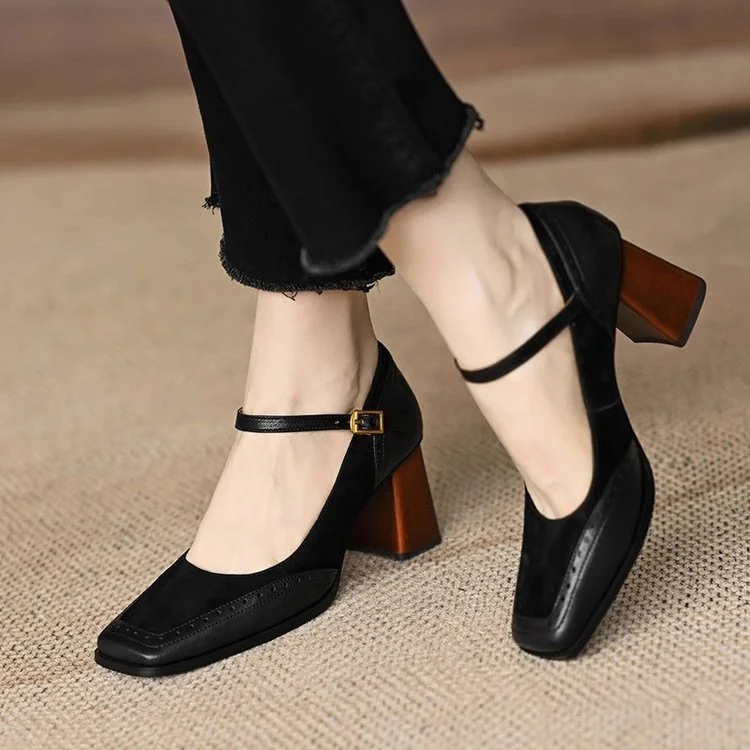 Yyvonne Women In The Autumn Of 2025 New Splicing Rough And One-Character Buckle With French Head High-Heere Retro Mary Jane Shoes