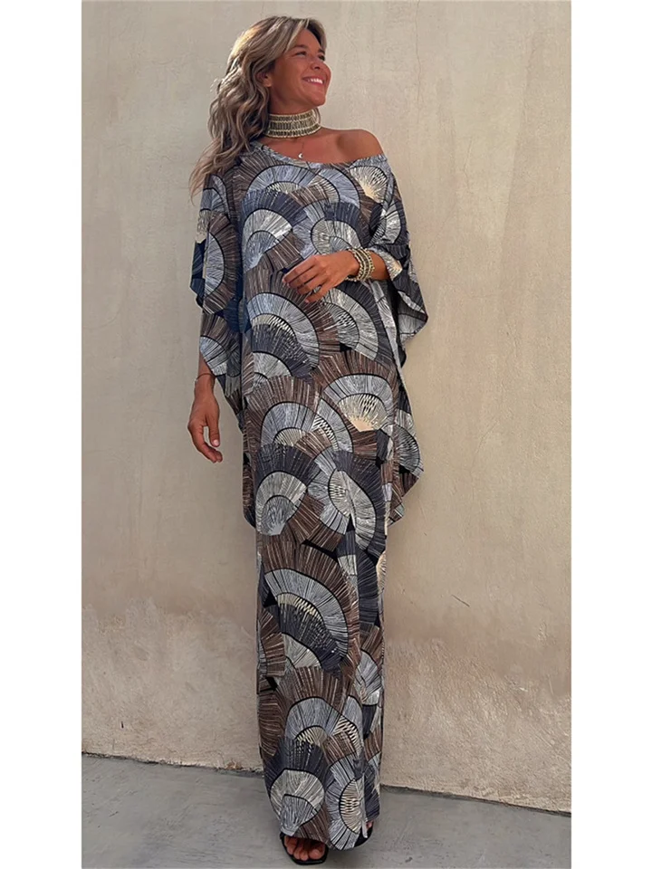 Spring and Summer New Casual Bat Sleeve Geometric Pattern Printing Dress Loose Vacation Style Long Dresses Female-Cosfine