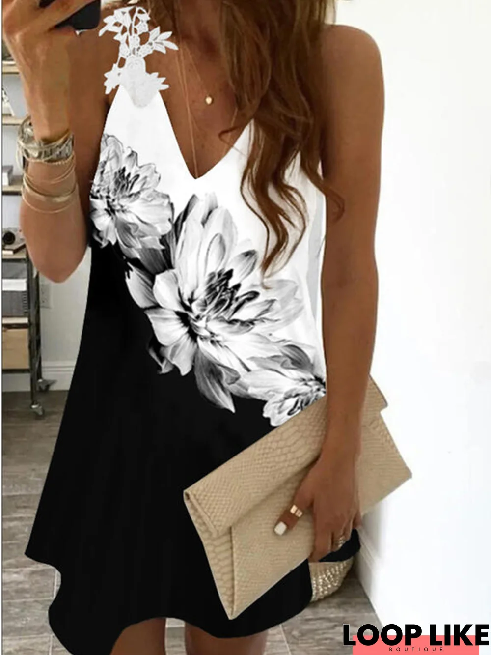 Floral-Print V neck Sleeveless Casual Knitting Dress