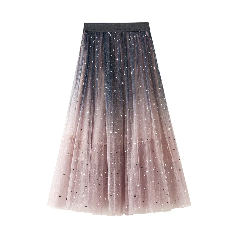 Nigikala Nigikala Skirt New Gradient Fashion Long-Colored Star-Colored Bright-Spelled Starlight Tight Waist Mesh Yarn Star Dress Women 8170