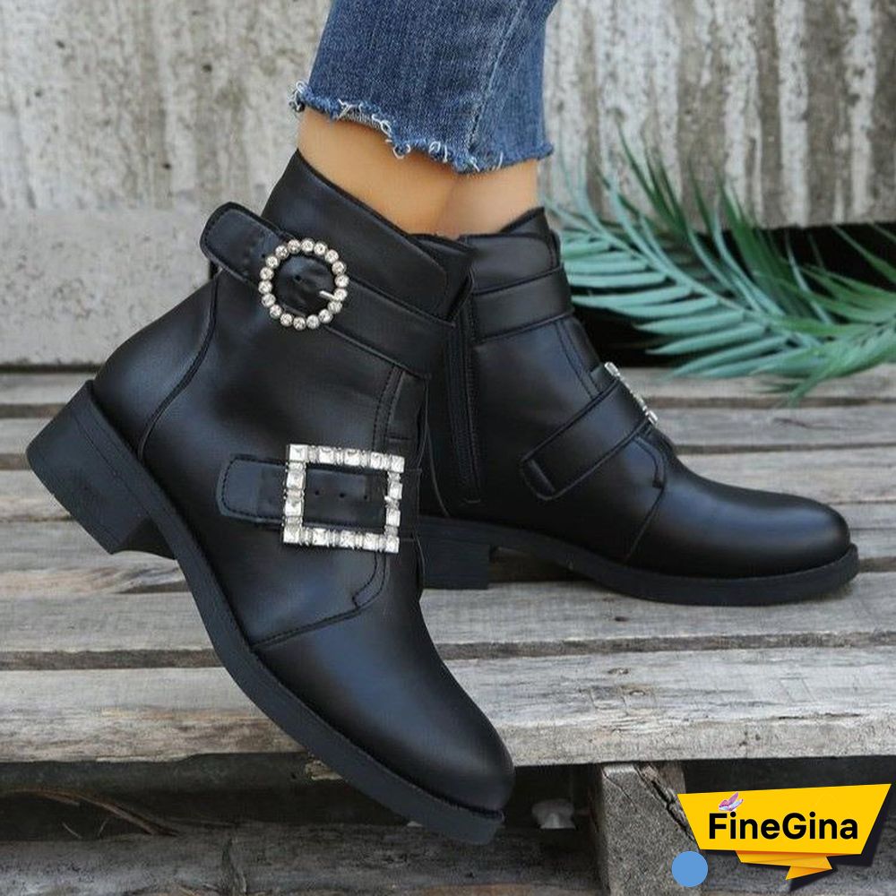 Women's Solid Color Belt Buckle Thick Heel Mid Heel Short Martin Boots