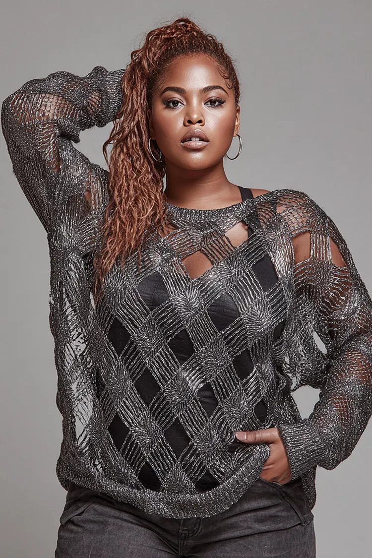 Xpluswear Design Plus Size Daily Grey Round Neck Long Sleeve Cut Out Crochet Sweaters [Pre-Order] 2024 - Xpluswear