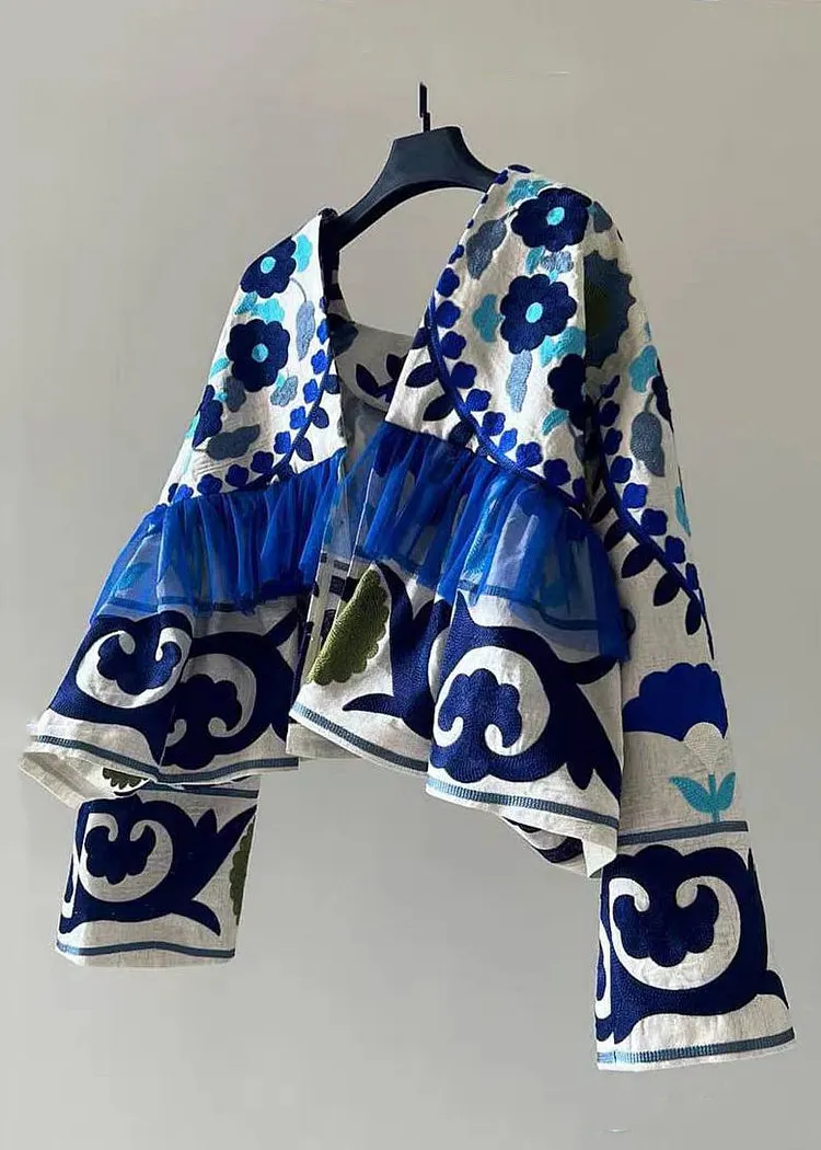 Art Blue Print Wrinkled Patchwork Cotton Cardigan Fall