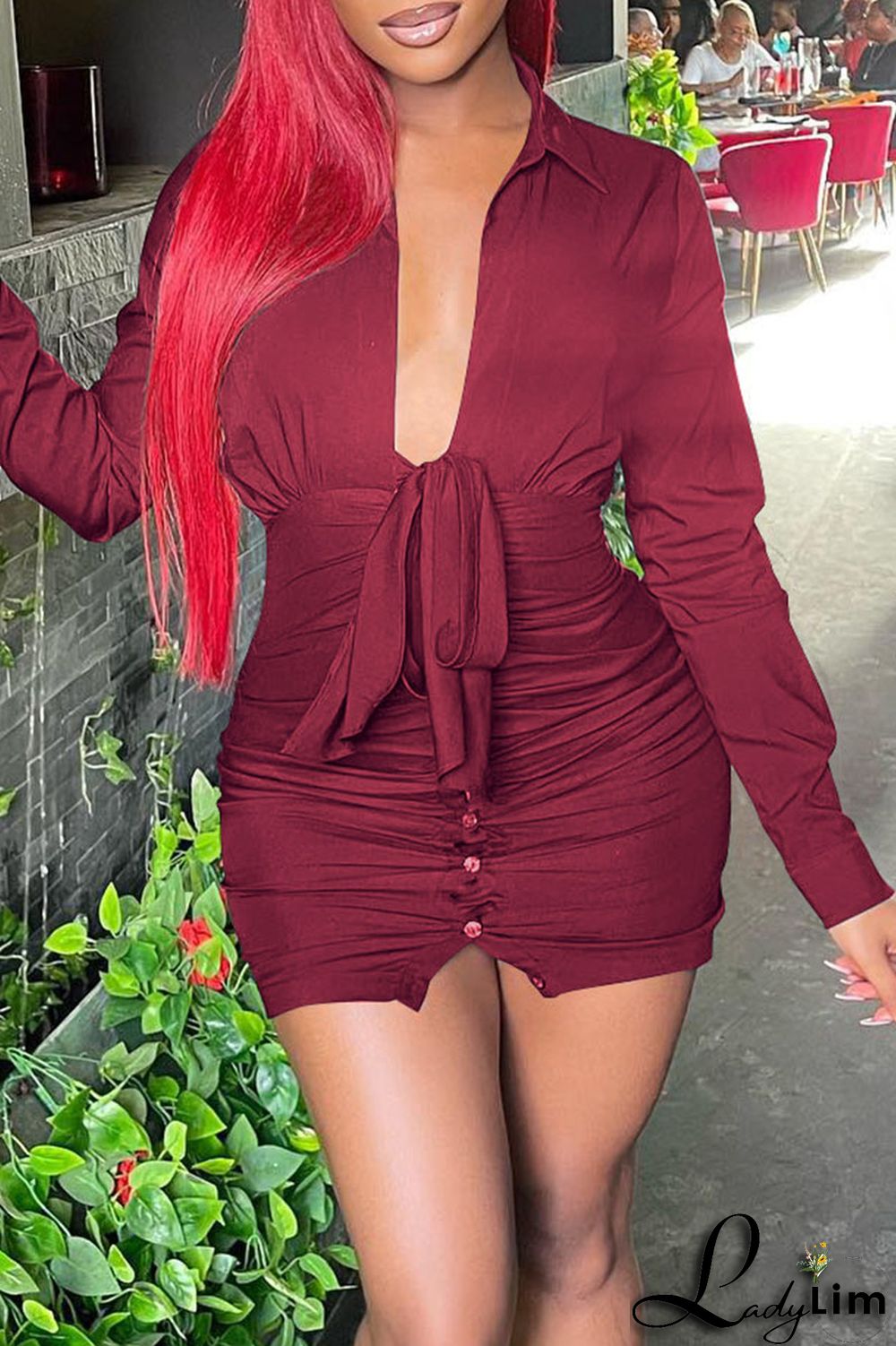 Green Sexy Solid Bandage Patchwork Buckle Fold V Neck Pencil Skirt Dresses