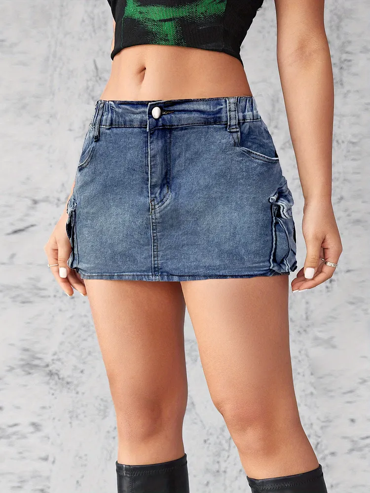 Womens Vintage Stretch Slim-Fit Denim Mini Skirt Asymmetrical Workwear Design