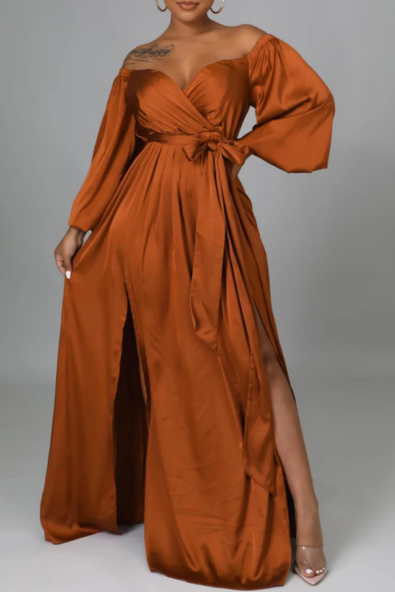 Long SLV Open Shoulder Four Slit Below Knee Dress main image 0