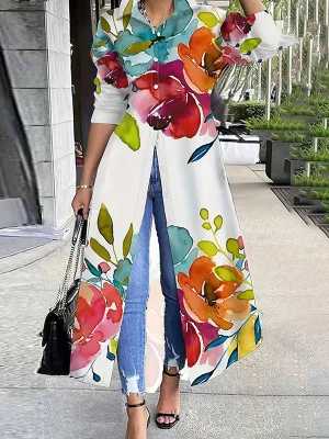 Image of Long Sleeves Loose Buttoned Flower Print Lapel Maxi Dresses Shirt Dress