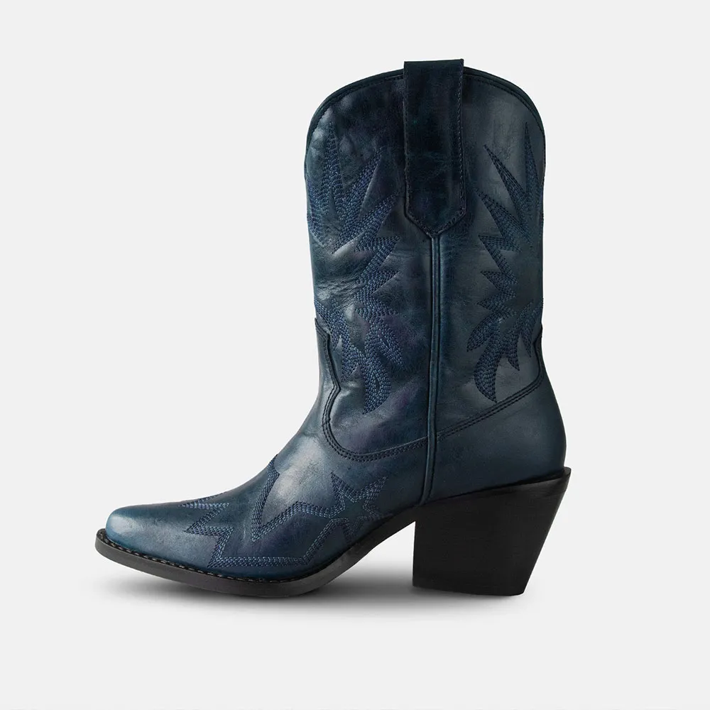 Navy Faux Leather Pointed Toe Chunky Heel Embroidered Cowgirl Boots 