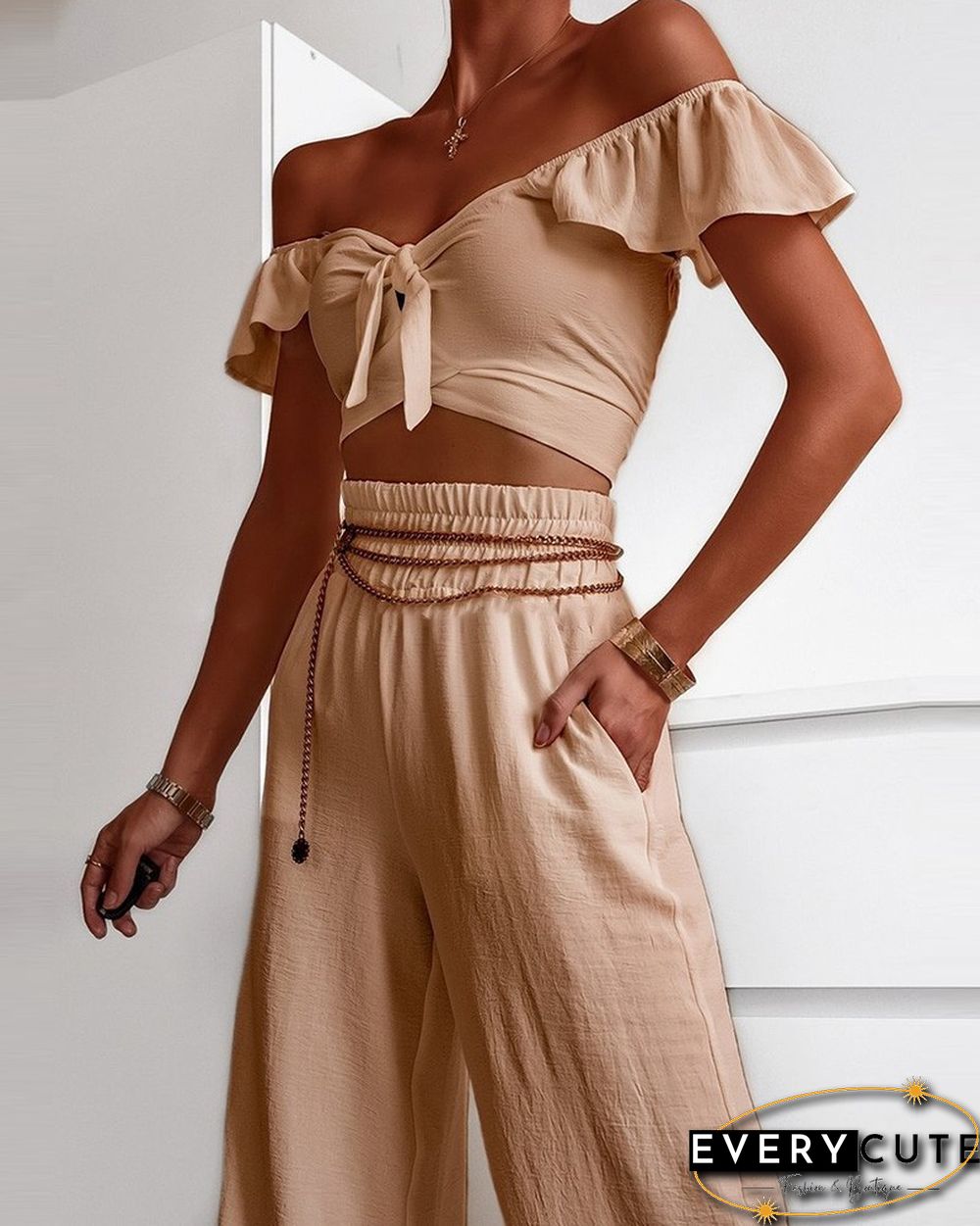 Off Shoulder Ruffles Top & Wide Leg Pants Set
