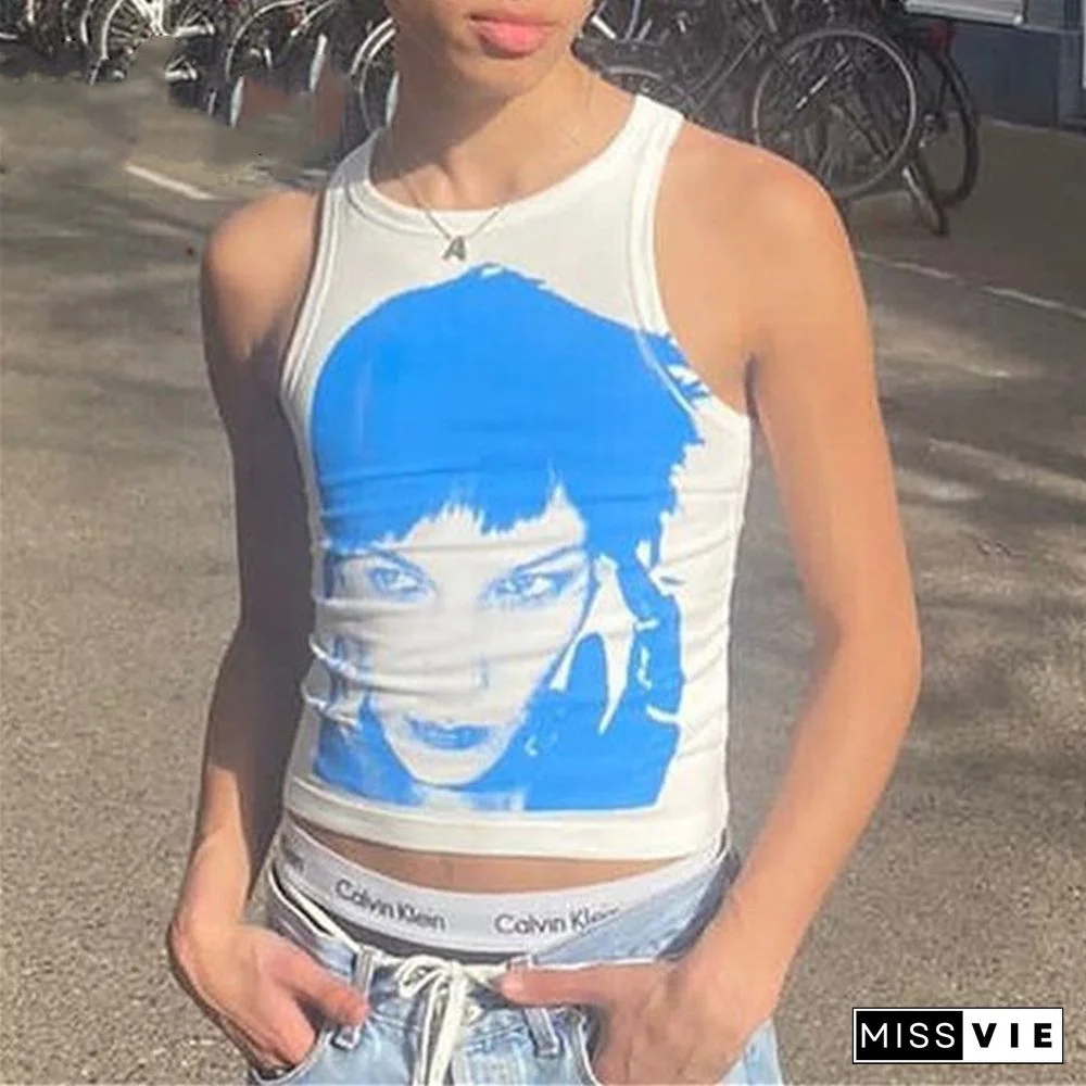 Women Trendy Portrait Letter Printed Tank Tops Summer Vest Female Round Neck Sleeveless Slim Fit Crop Tops