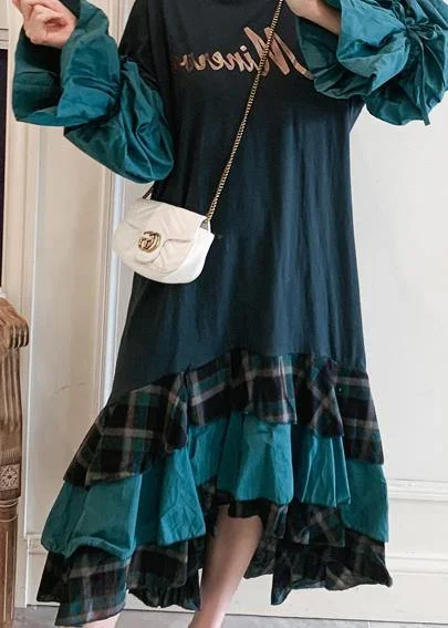 Modern O Neck Ruffles Spring Tunic Pattern Work Outfits Green Letter Plus Size Dresses