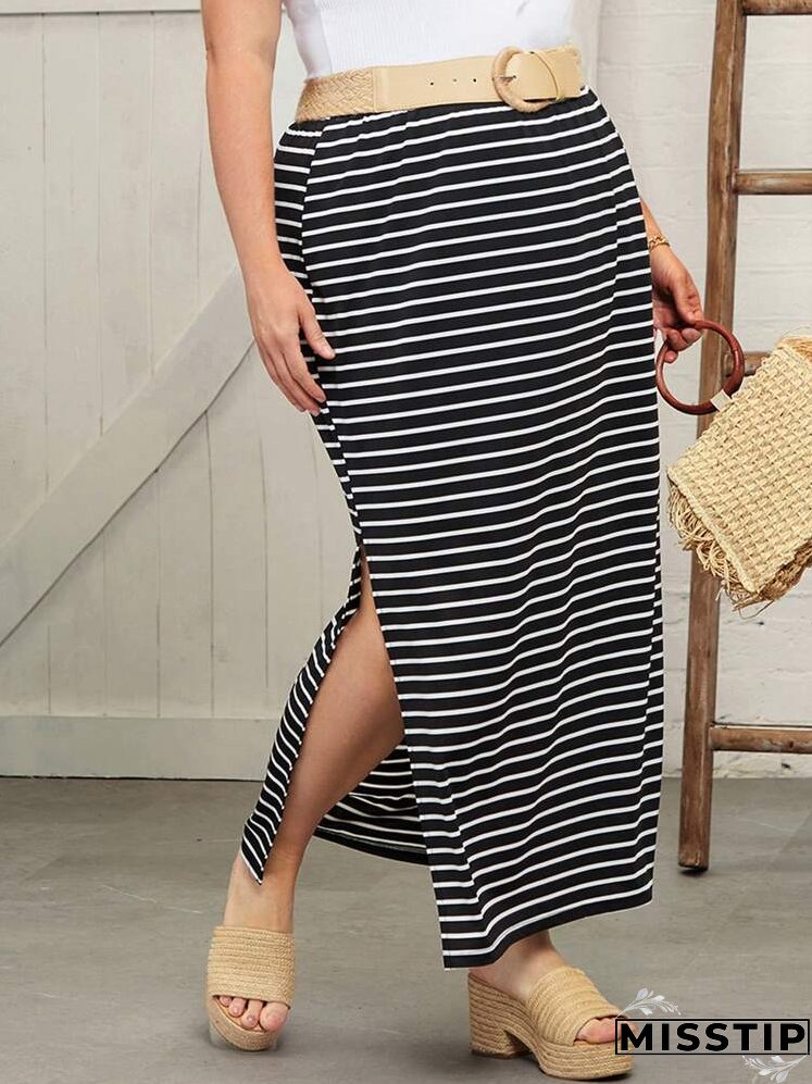 Plus Striped Split Hem Skirt Without Belt