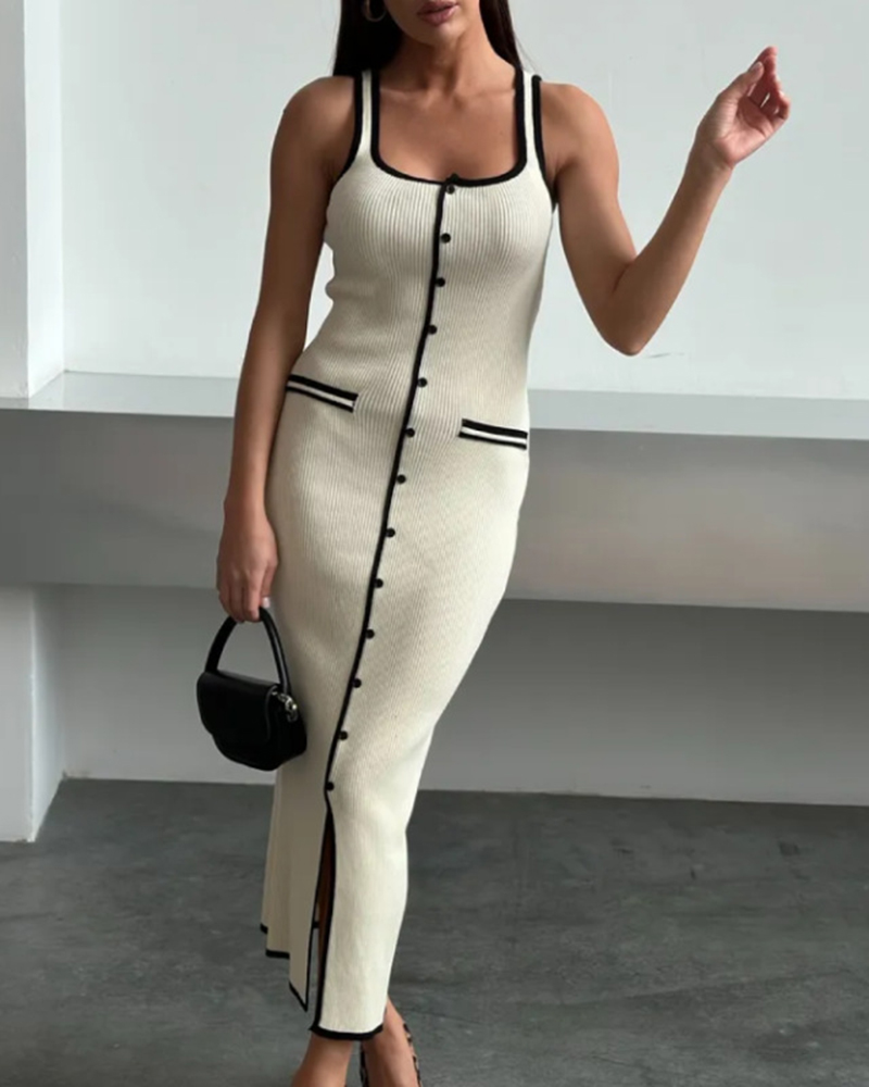 White Piping Single Breasted Sleeveless Midi Dress