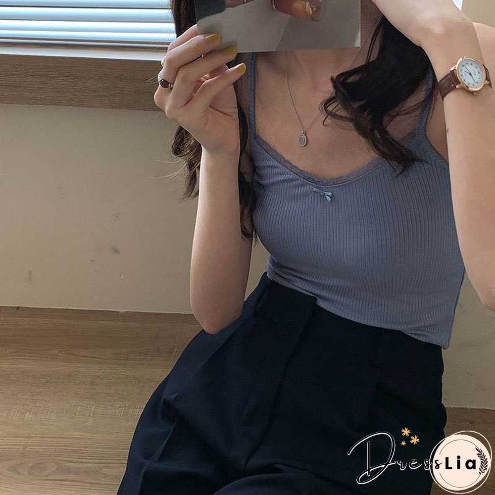 Ribbed Knit Flower Prints Cropped Cami Tops Lace Trim Tank