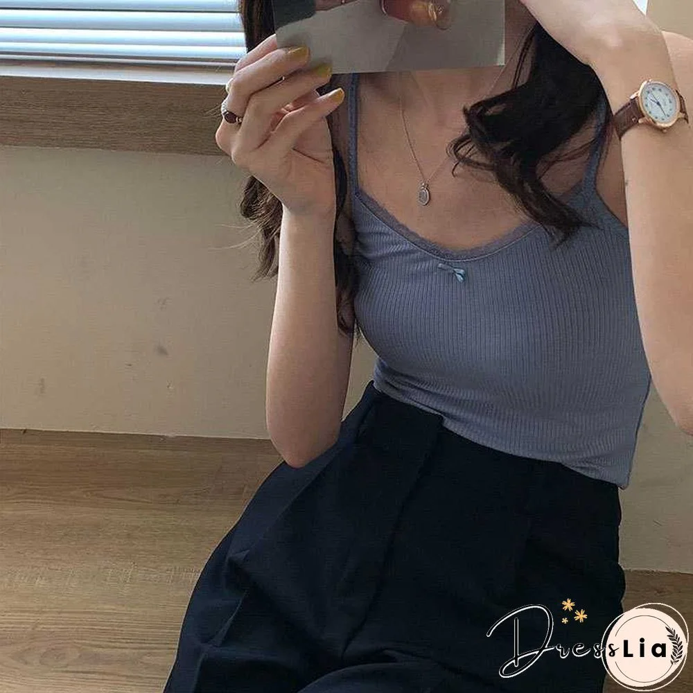 Ribbed Knit Flower Prints Cropped Cami Tops Lace Trim Tank