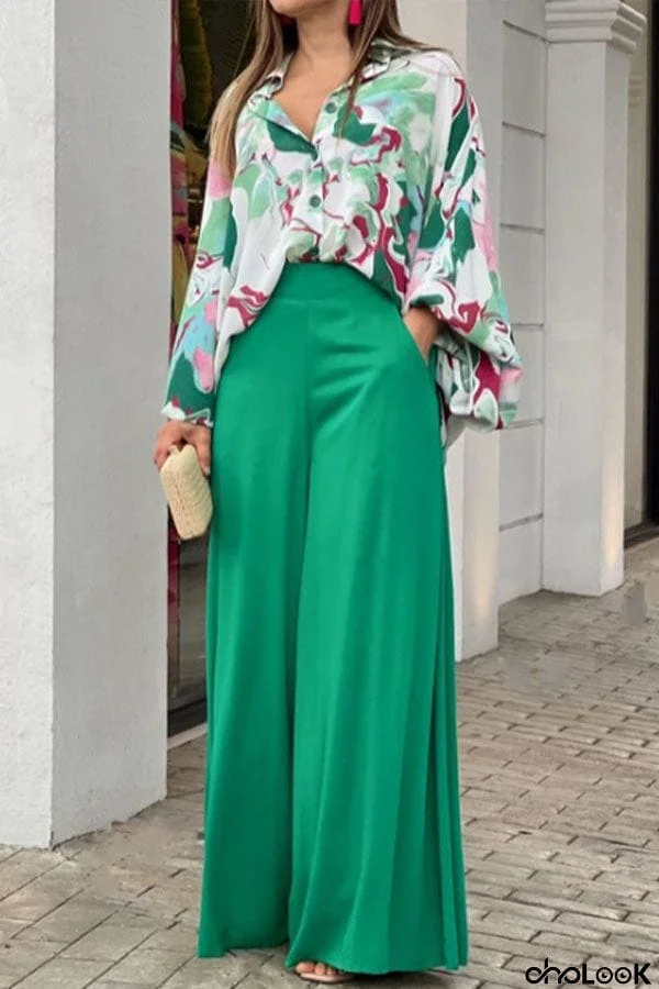 Casual Print Shirt & Wide Leg Pants Two-Piece Set