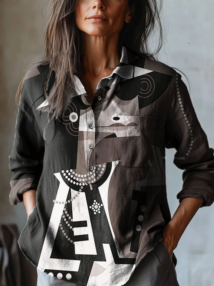 Women's Abstract Feminine Luxury Art Print Casual Cotton And Linen Shirt