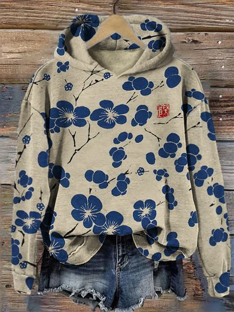 Comstylish Cherry Blossom Japanese Lino Art Vintage Hoodie