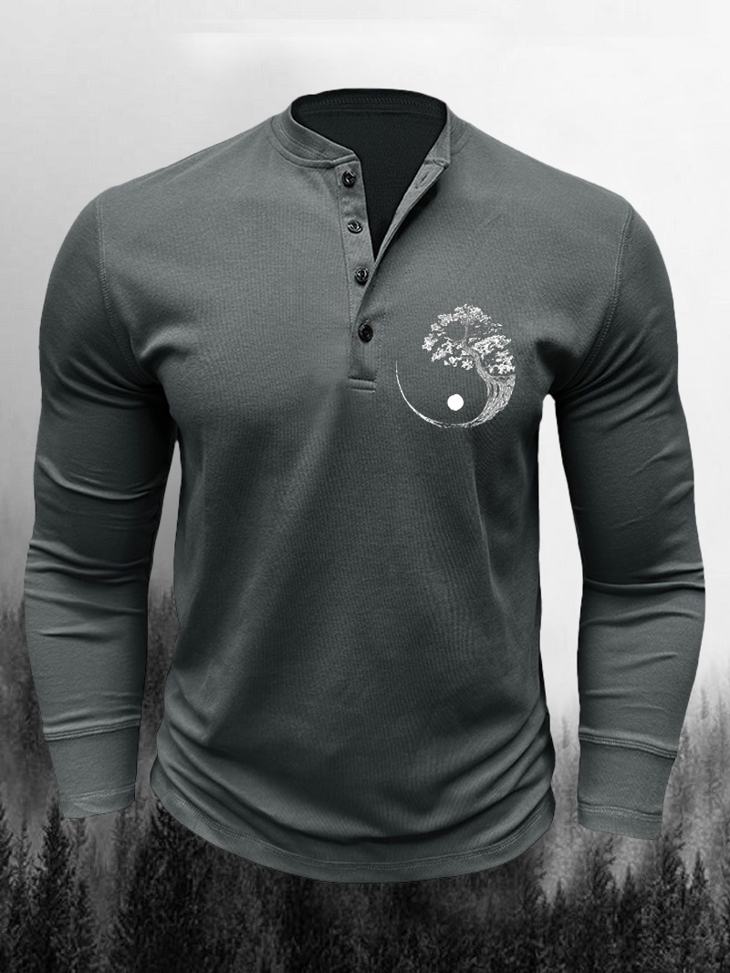 Men's Yin Yang Tree Cotton Button Long-Sleeve T-shirt