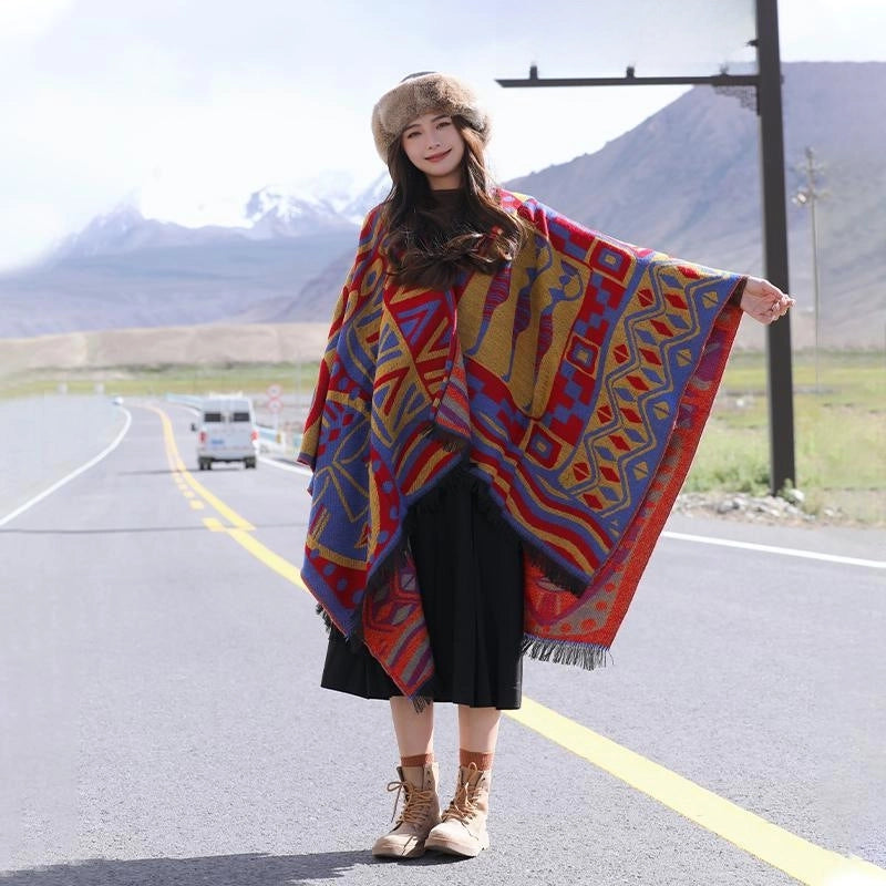 Ethnic Style Hooded Shawl Cloak Lijiang Xinjiang Tibet Northwest Tourism Wear Photograph Warm Outer Cape