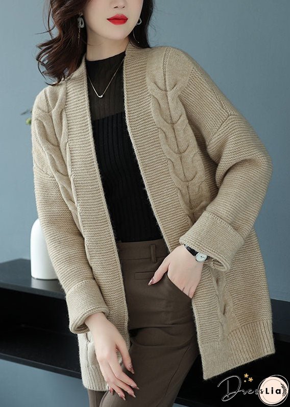 Loose Beige V Neck Patchwork Thick Wool Knit Cardigan Fall