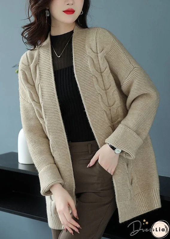 Loose Beige V Neck Patchwork Thick Wool Knit Cardigan Fall