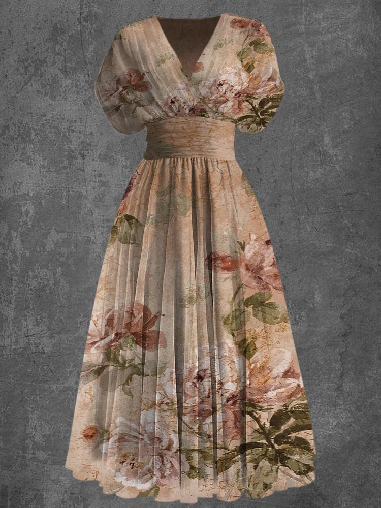 Retro Glam Floral Art Printed Elegant V-Neck Vintage Chic Short Sleeve Maxi Dress