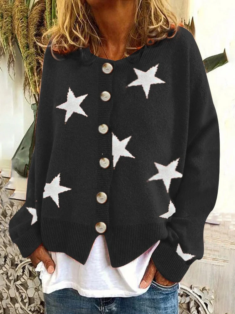 Women plus size clothing Women's V-neck Star Pattern Embroidery Sweater Cardigan Jacket  Coat-Nordswear