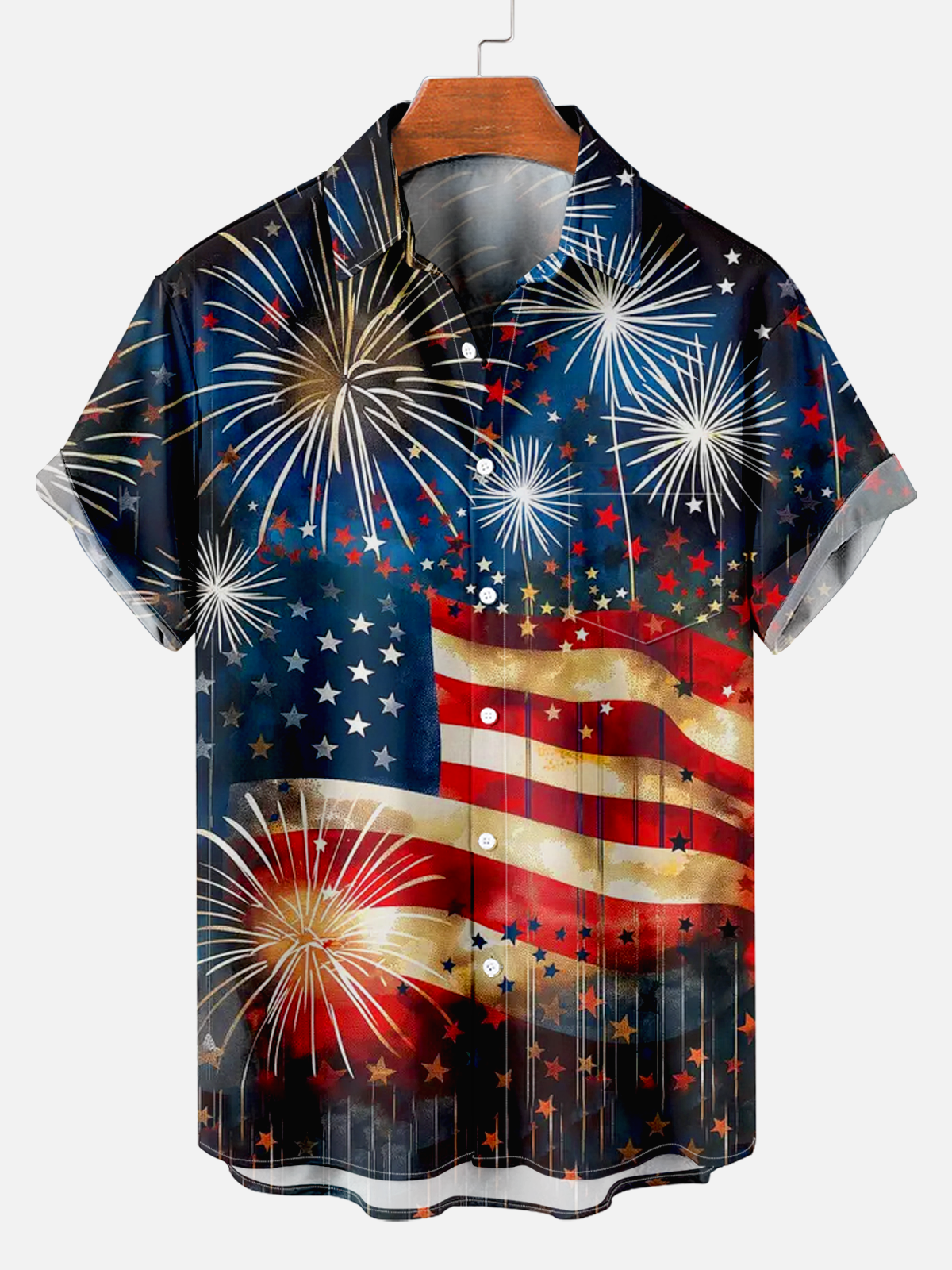 Men's Attractive American Flag Fireworks Print Shirt PLUSCLOTHESMAN