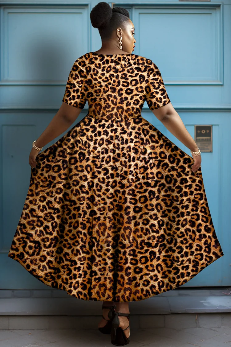 Xpluswear Design Plus Size Daily Brown Leopard Round Neck Short Sleeve Midi Dresses