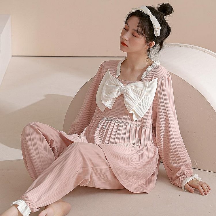 Bow Knot Home Cotton Pajamas Set - Modakawa modakawa