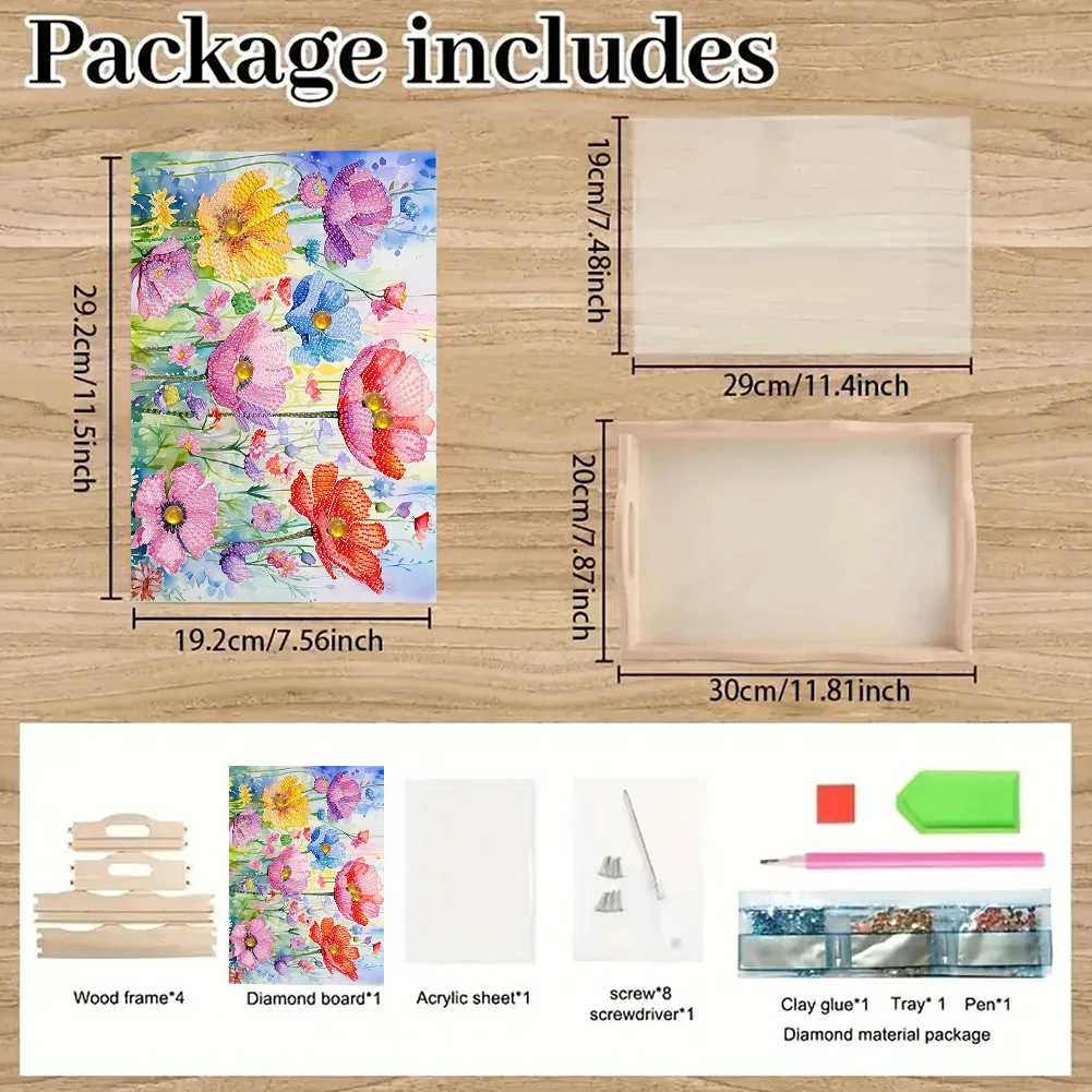 5D DIY Flower Diamond Painting Wooden Serving Tray with Handle for Desk