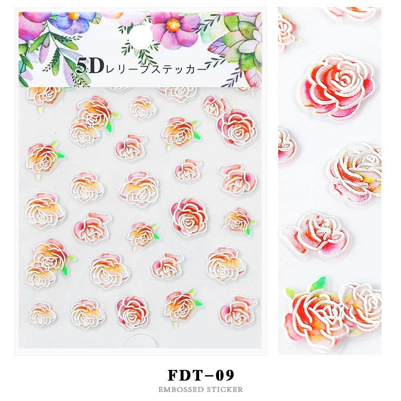 Nail Stickers Embossed 5D Flowers Leafs Designs Back Glue Nail Decals Decoration Tips For Beauty Salons-Nail Inspo