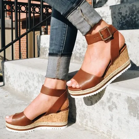 Qengg New Women's Sandals Fish Mouth Buckle Solid Color Wedge Flats Thick Sole Comfortable Casual Beach Shoes Plus Size Sandalia Nuvem
