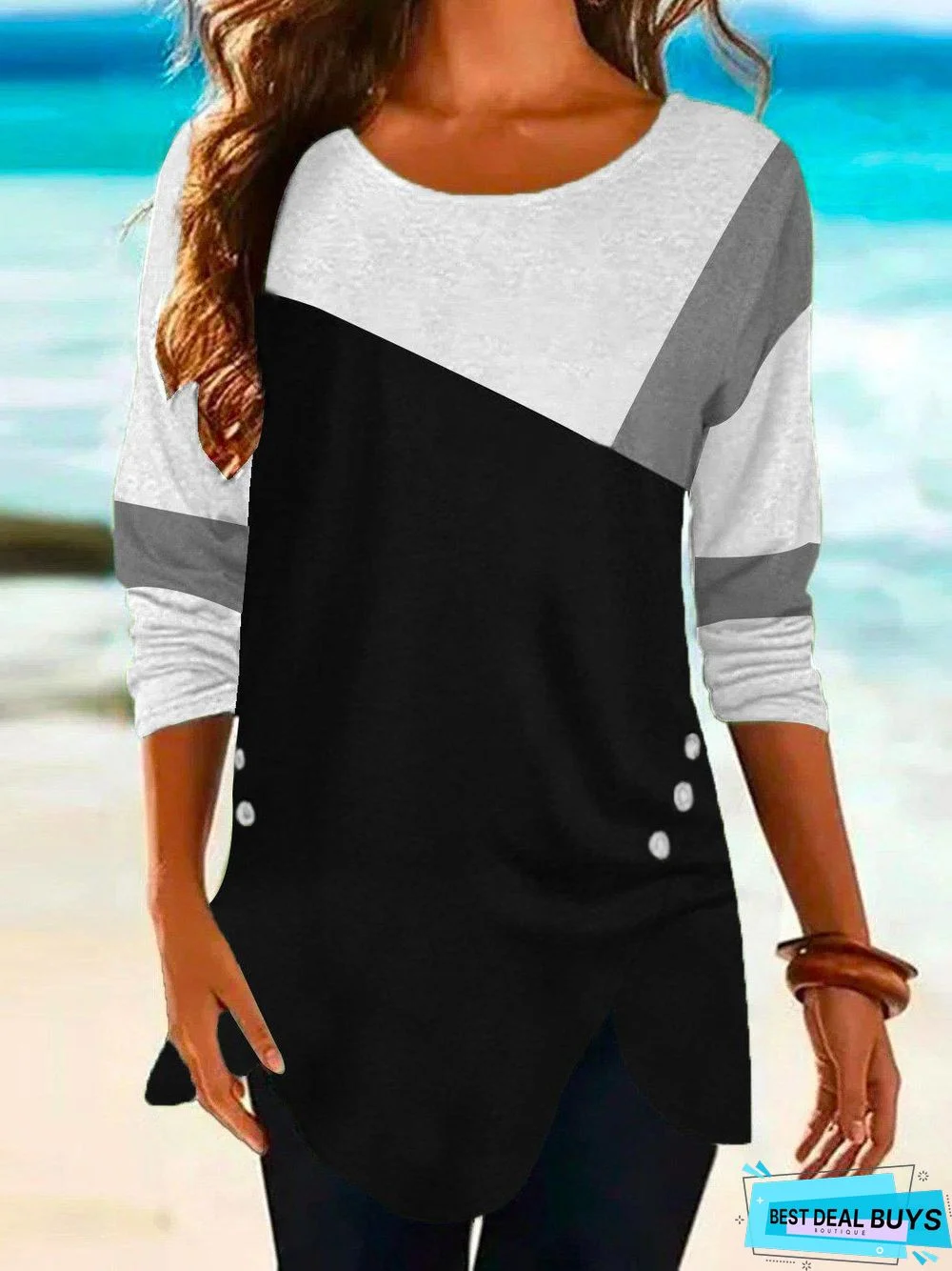 Color Block Loose Crew Neck Top