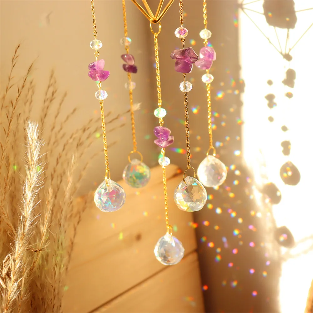 Crystal Wind Chimes Natural Stone Prism Light Catcher Garden Decor (Purple)
