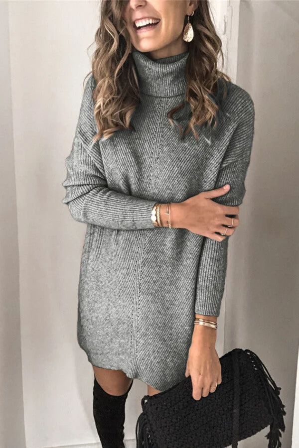 Fashion Solid Color Turtleneck Sweater Dress