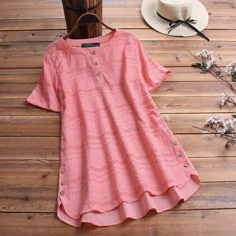 Vintage Women's Embroidery Blouse ZANZEA 2022 Summer Tops Casual Short Sleeve Shirts Female Split Solid Blusas  Tunic