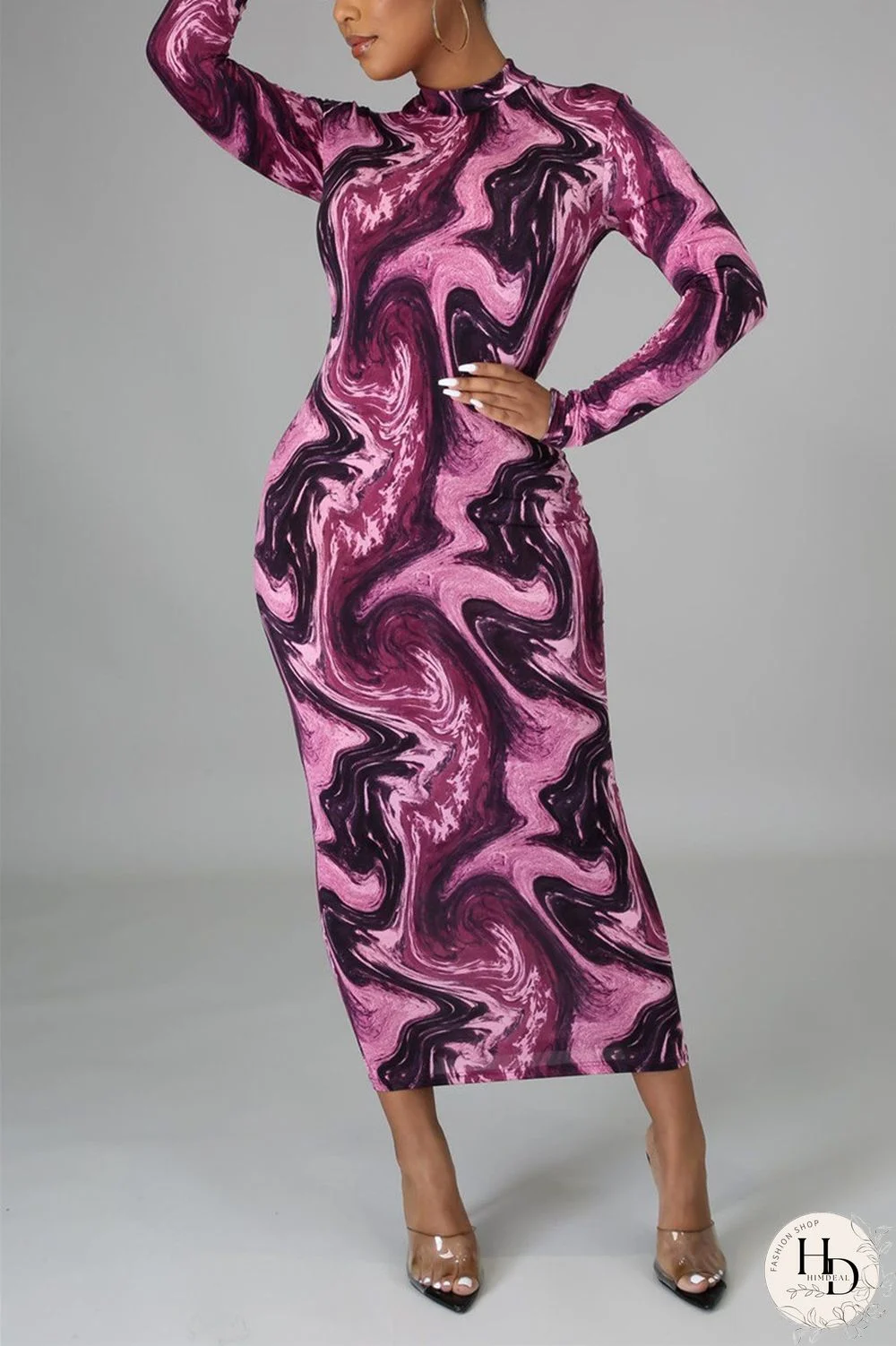 Red Fashion Casual Print Basic Half A Turtleneck Pencil Dresses