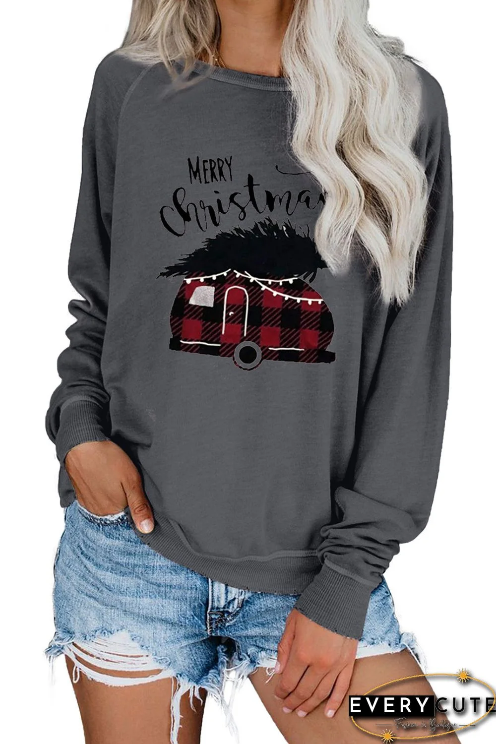 Gray Crew Neck Fashion Print Christmas Sweatshirt