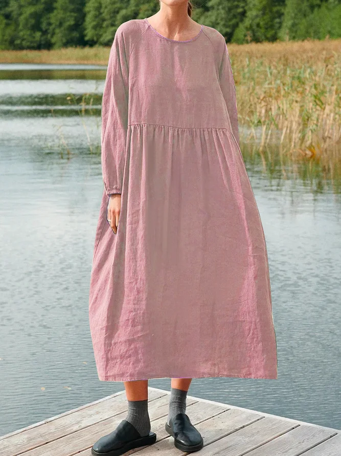 Women's Solid Color Round Neck Long Sleeve Loose Midi Dress