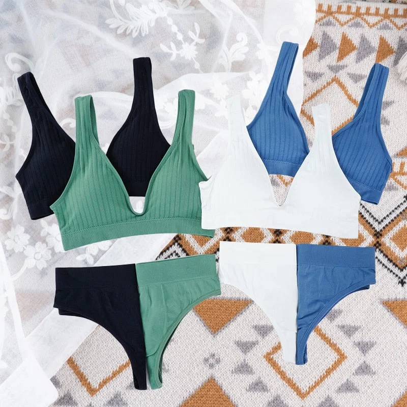 Women Seamless Bra Set Sexy Thong Low Waist Panties Wire Free Bra Push Up Bralette Lingerie Deep V Backless Underwear Set