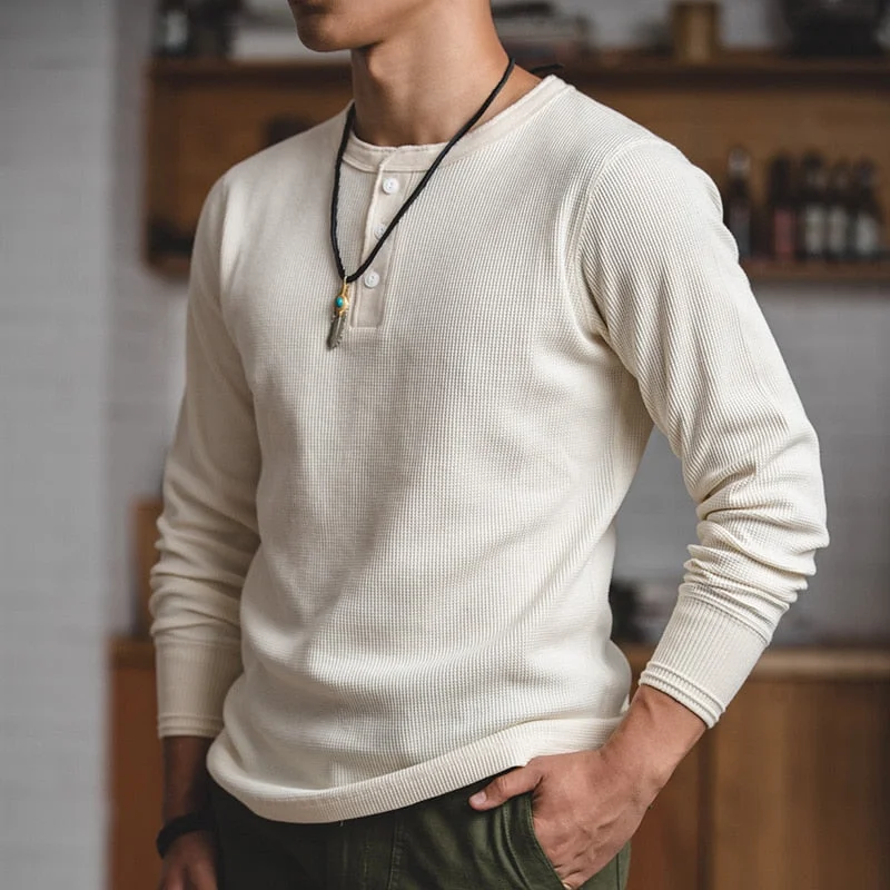 Aonga Maden Fit Long-Sleeved Pullover T-Shirts Men Waffle Cotton Henry T-Shirt Sweater Tee Man Clothing Regularly （White ）