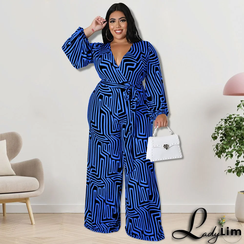 Plus Size Women's Print Long Sleeve Wrap Wide Leg Jumpsuit