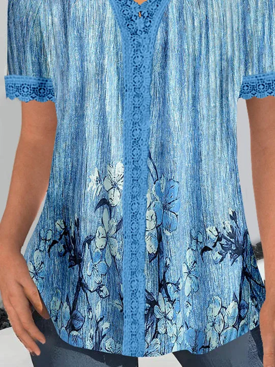 Women Short Sleeve V-neck Floral Printed Graphic Lace Tops