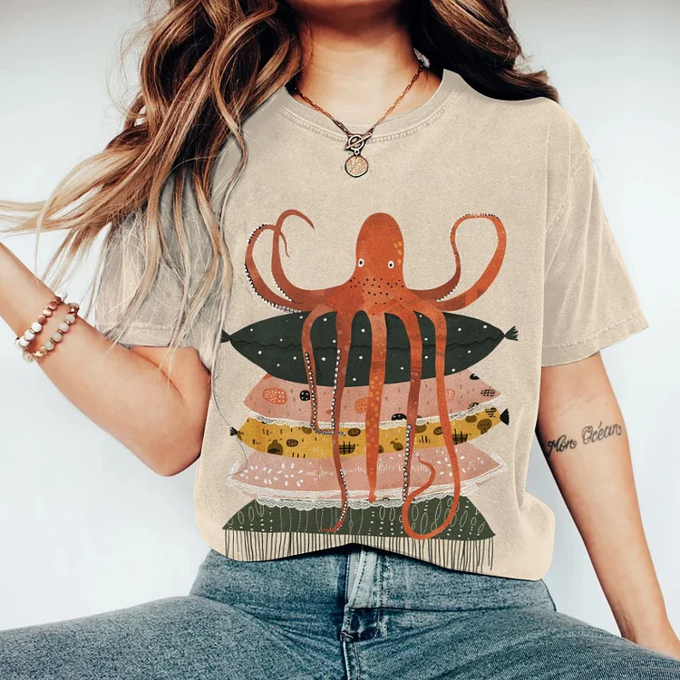 Octopus Print Crew Neck Short Sleeved Casual T-Shirt